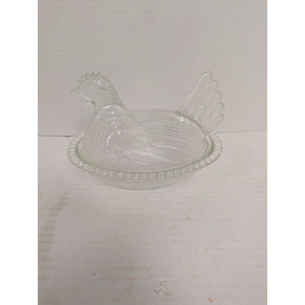 Vtg Indiana Glass Hen on Nest 7” Clear Covered Candy Dish Beaded Edge (Chip)